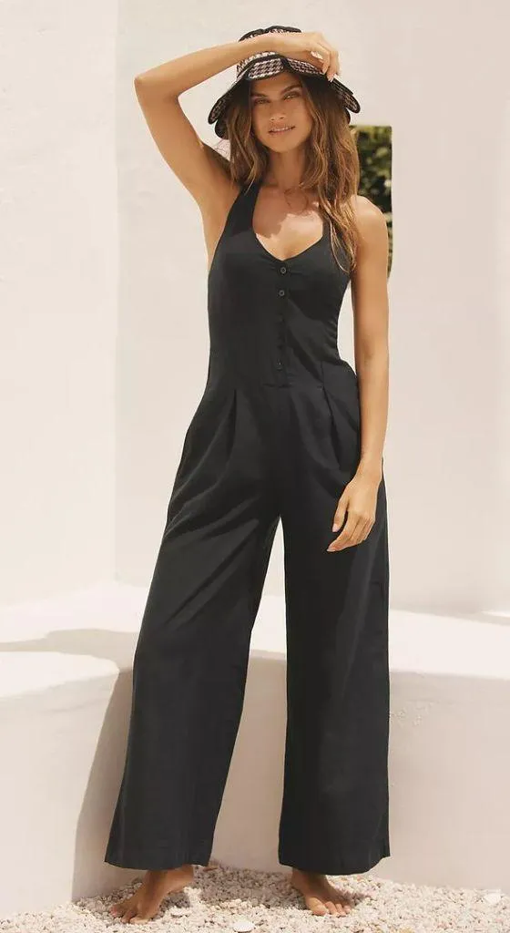 L*SPACE Alena Halter Wide-Leg Linen Jumpsuit in Black Size Small