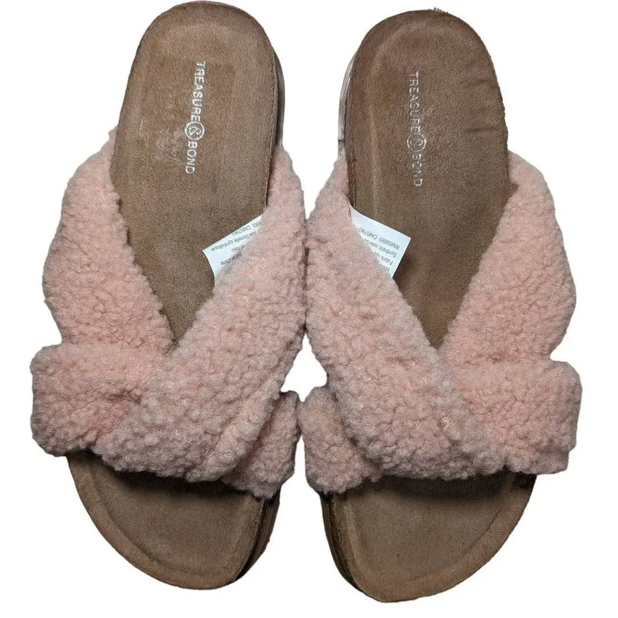 Treasure Bond Pink Fuzzy Sherpa Cross Band Slides Sandals Women's Size 7M
