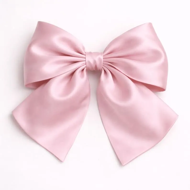 Pink Satin Bow Hair Accessory French Barrette Clip Large Size Statement Piece Kawaii Style Feminine Look Elegant Design Wedding Appropriate