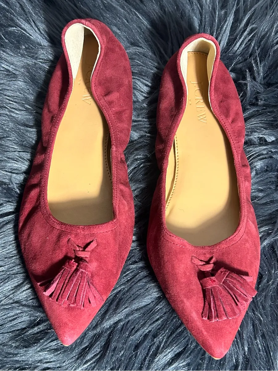 J. Crew Lottie Burgundy Suede Tassel Point Toe Flats Burgundy Size 8 1/2