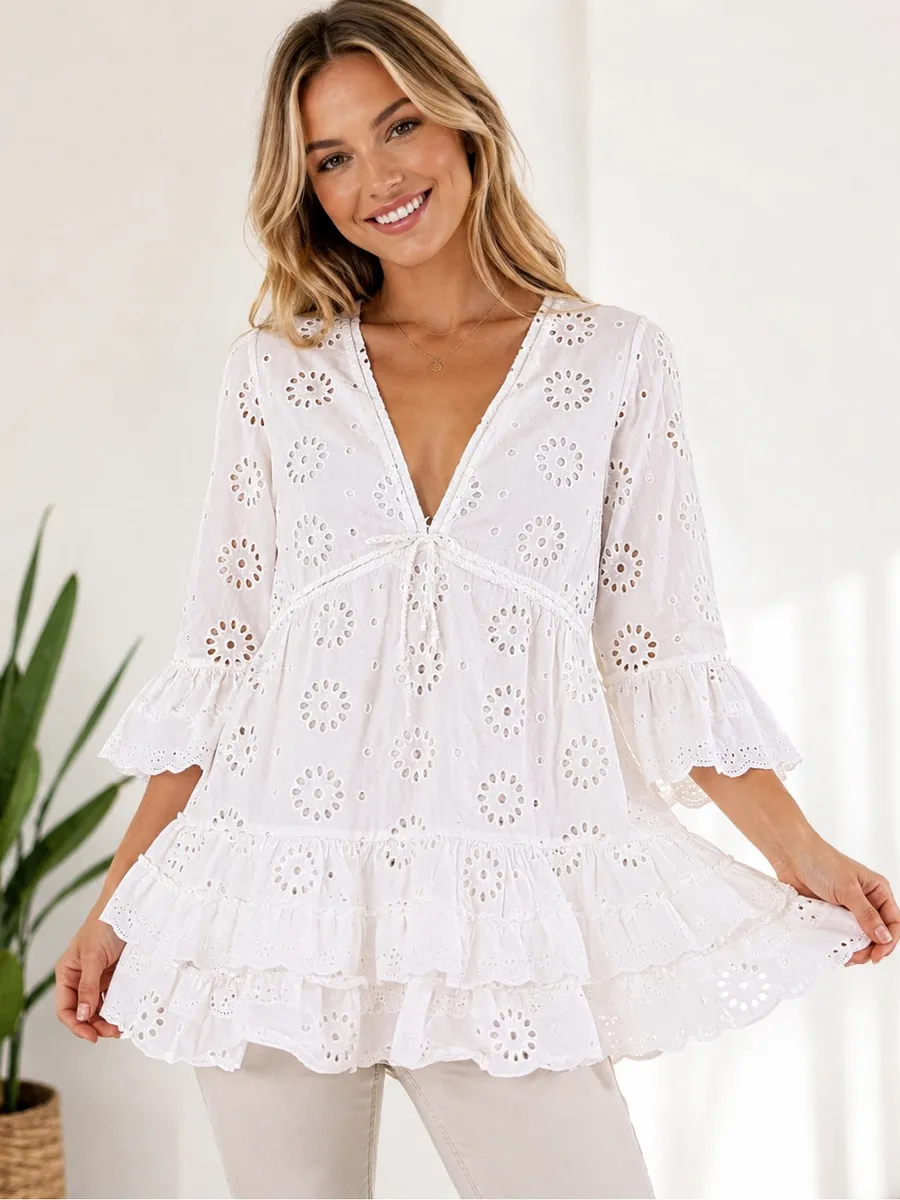 J.Crew White Eyelet Embroidered Boho Peplum Tunic Top XS
