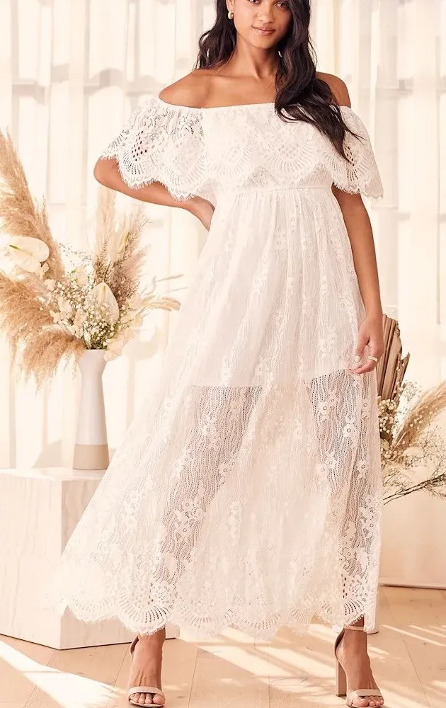 Lulus Sweetest Touch White Embroidered Lace Off-the-Shoulder Maxi Dress Size S