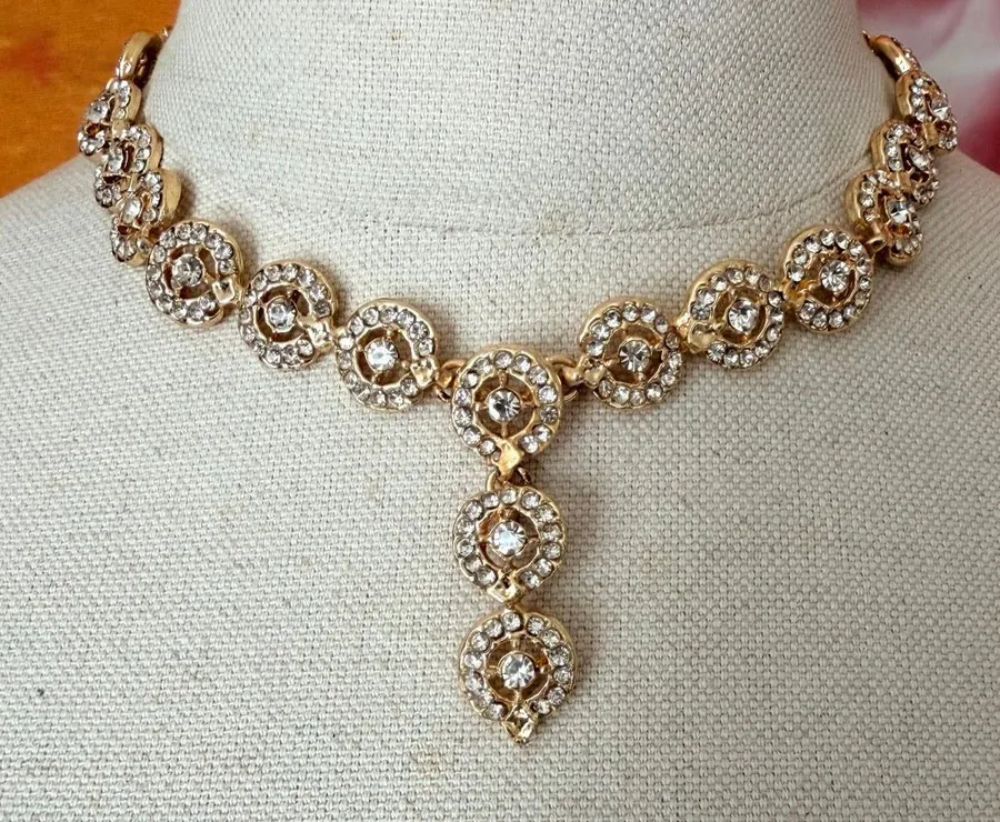 Gold Tone Clear Rhinestone Y Drop Statement Necklace