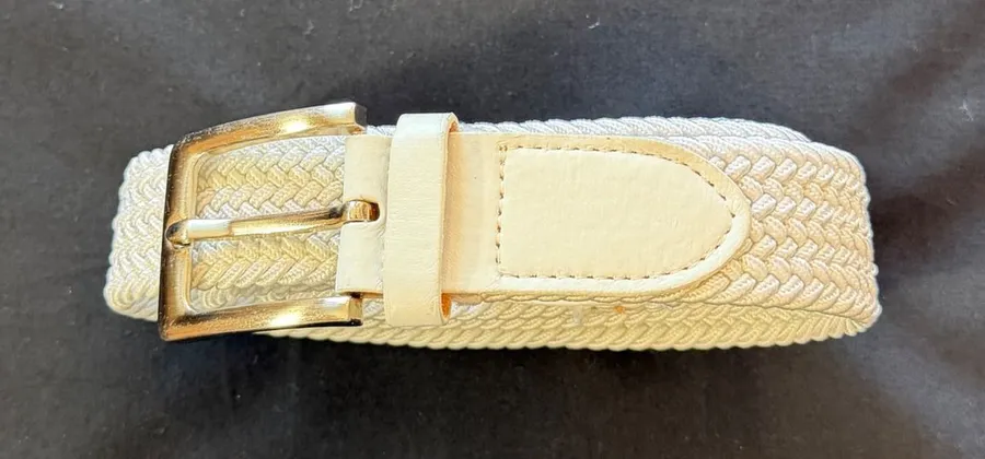 White Braided Elastic Stretch Belt Silver Buckle Off White Unisex 52"