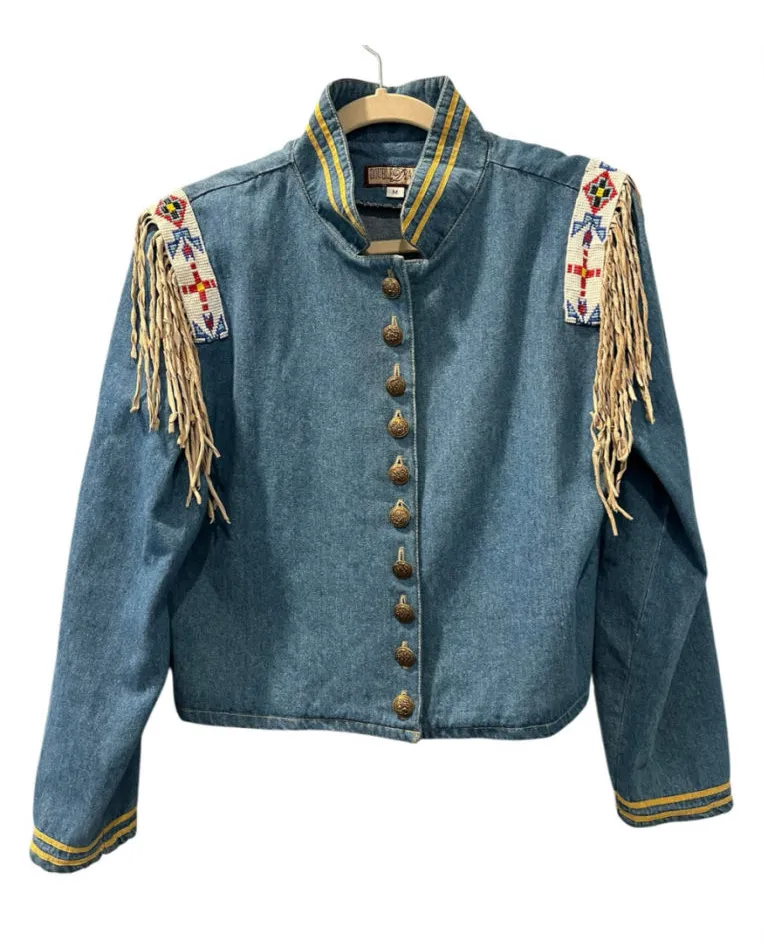 Vintage 90s Double D Ranch Jacket M Western Beaded Suede Fringe Cavalry Denim Blue Size M