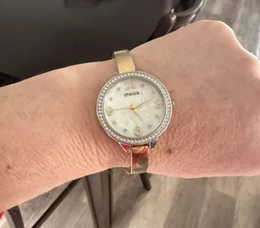 Chico’s Large Face Mother of Pearl Pave Rhinestone Goldtone Delicate Band Watch