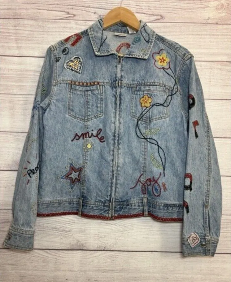Chico's Sz 1 Jean Denim Art-to-Wear Floral Jacket embroidered full zip