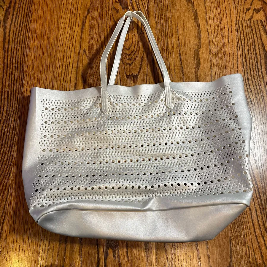 Saks Fifth Avenue Silver Laser Cut Perforated Tote Bag