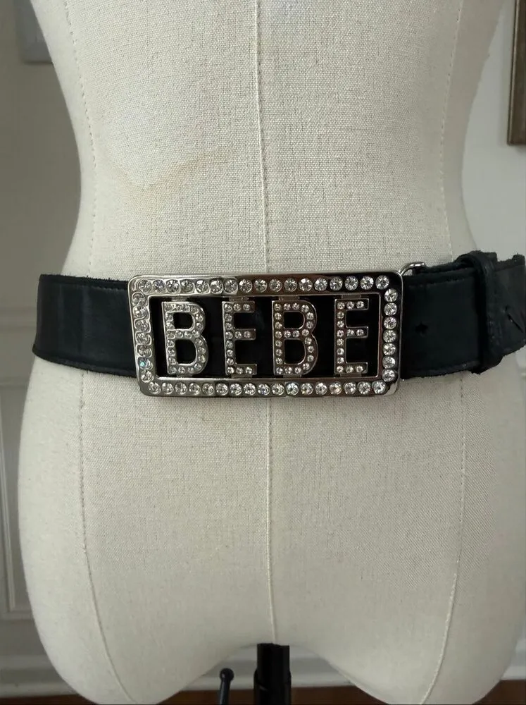 Vintage Y2K Bebe Black Leather Rhinestone Bling Silver Logo Low Rise Belt S M