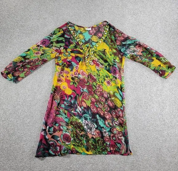 Loisir Floral Beach Coverup Colorful Drawstring Beaded Neckline Pool Summer Green Size M