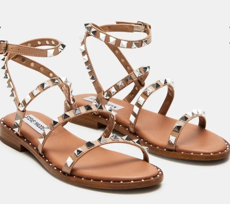 Steve Madden Women’s Travel Tan Sandal Strappy & Studded Sz 7.5