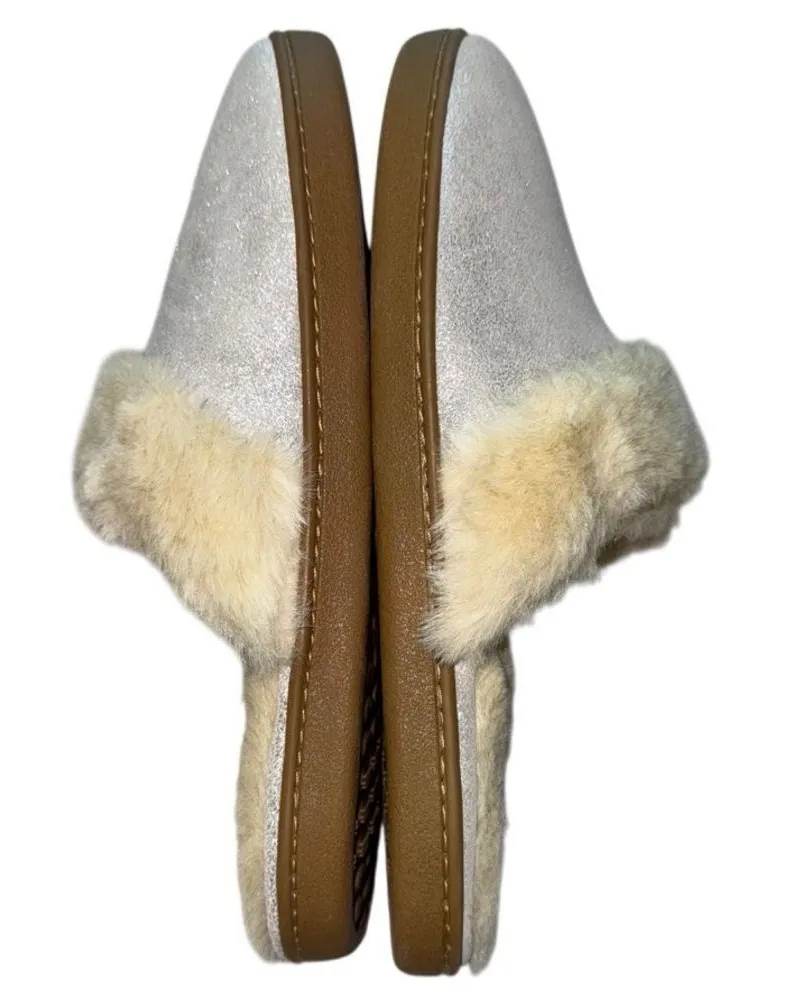 Lands’ End Sparkly Metallic Silver and Cream Faux Fur Scuff Slip On Slippers 8-9