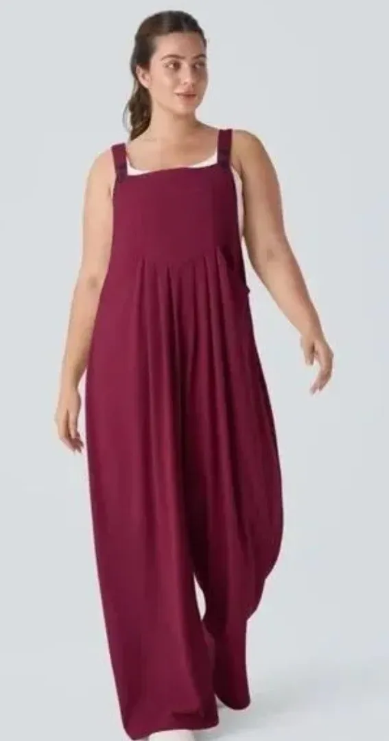 Halara Wide Leg Overalls Jumpsuit Women Small Burgundy Pockets Boxy Relaxed Fit