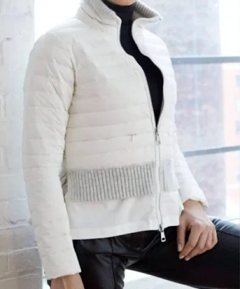 BRAND NEW Sosken Designer White Down Puffer Longline Fur Trim Jacket Coat L / XL Silver Size L