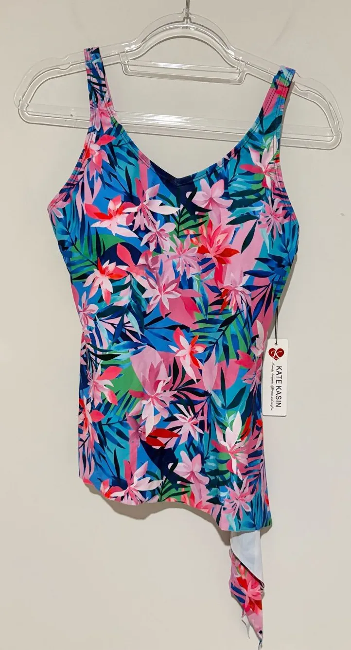 Kate Kasin asymmetrical ruffle floral Tankini Swim Top blue pink medium NWT