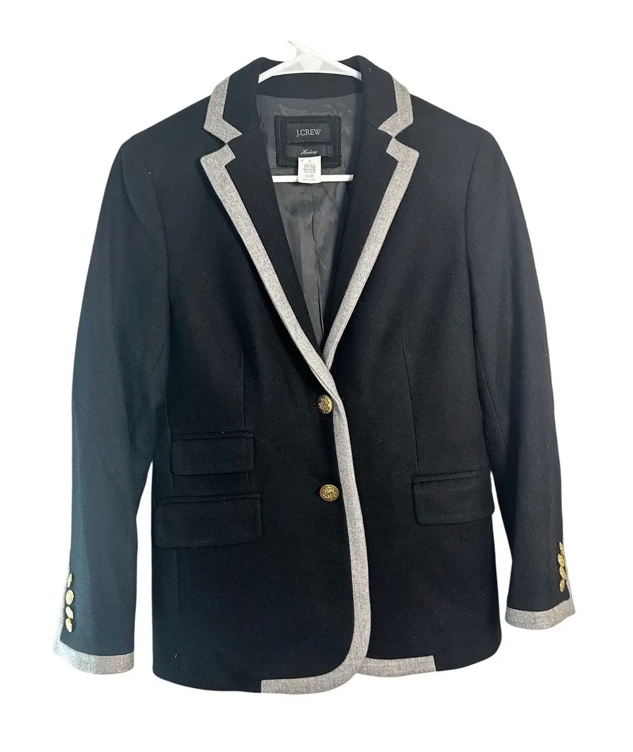 J.Crew Jacket Black Wool Blazer Gray Trim Gold Crest Buttons Size 4