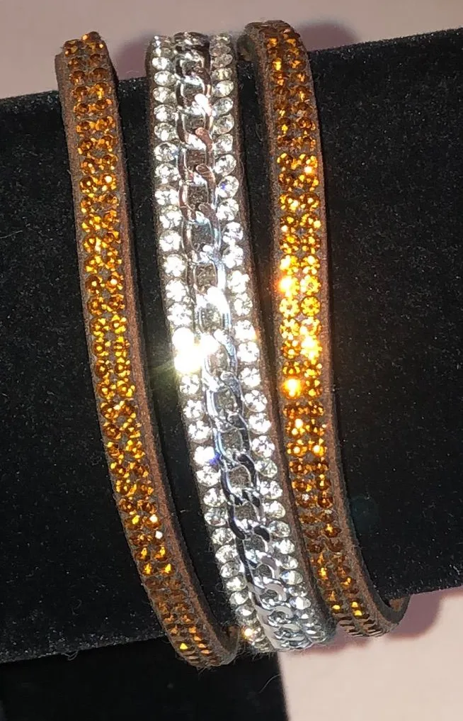 Sparkling Triple Row Wrap Bracelet Amber and Silver Tones Orange