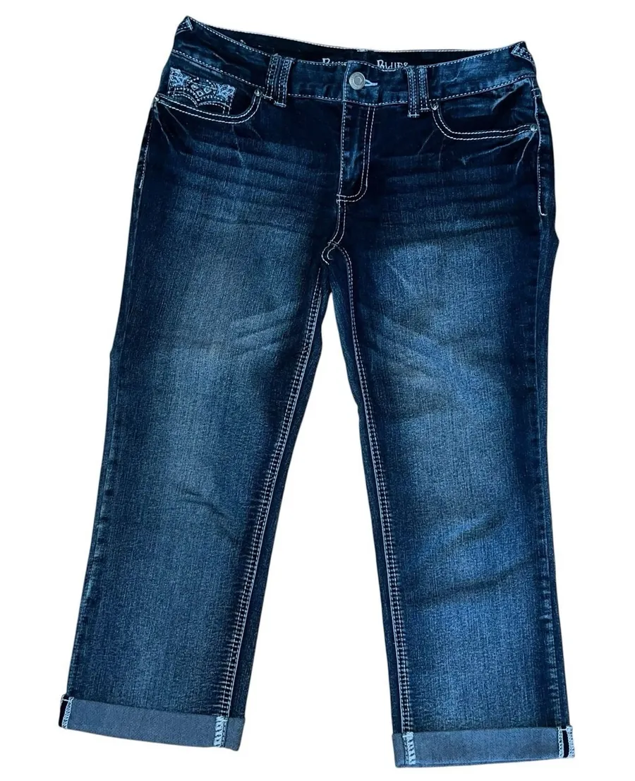 Rhythm In Blues Jeans Womens 10 Blue Denim Capri Rolled Hem Mid Rise Bling Y2K
