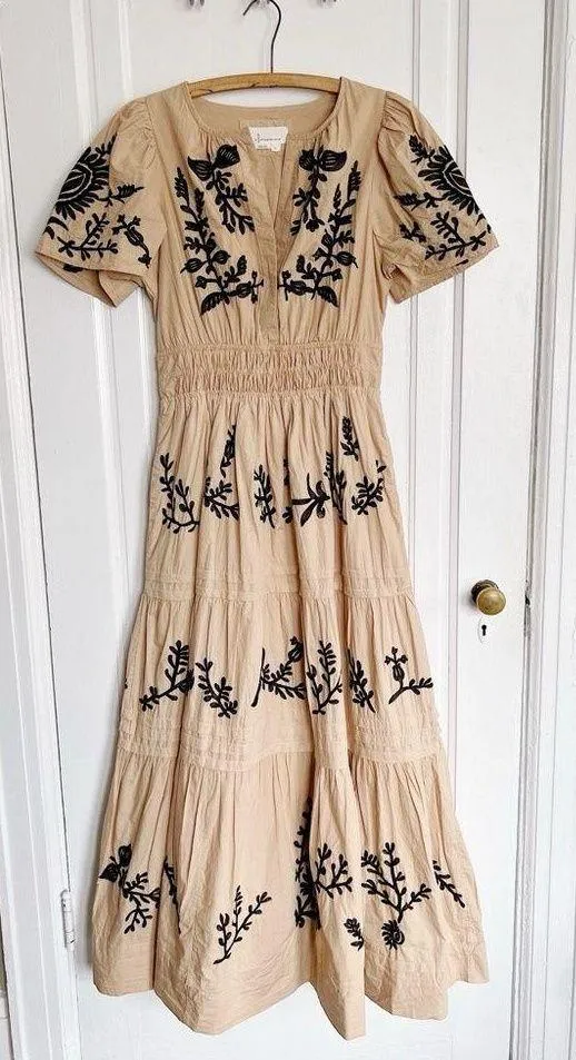 Anthropologie • The Somerset Maxi Dress: Embroidered Edition tan black floral