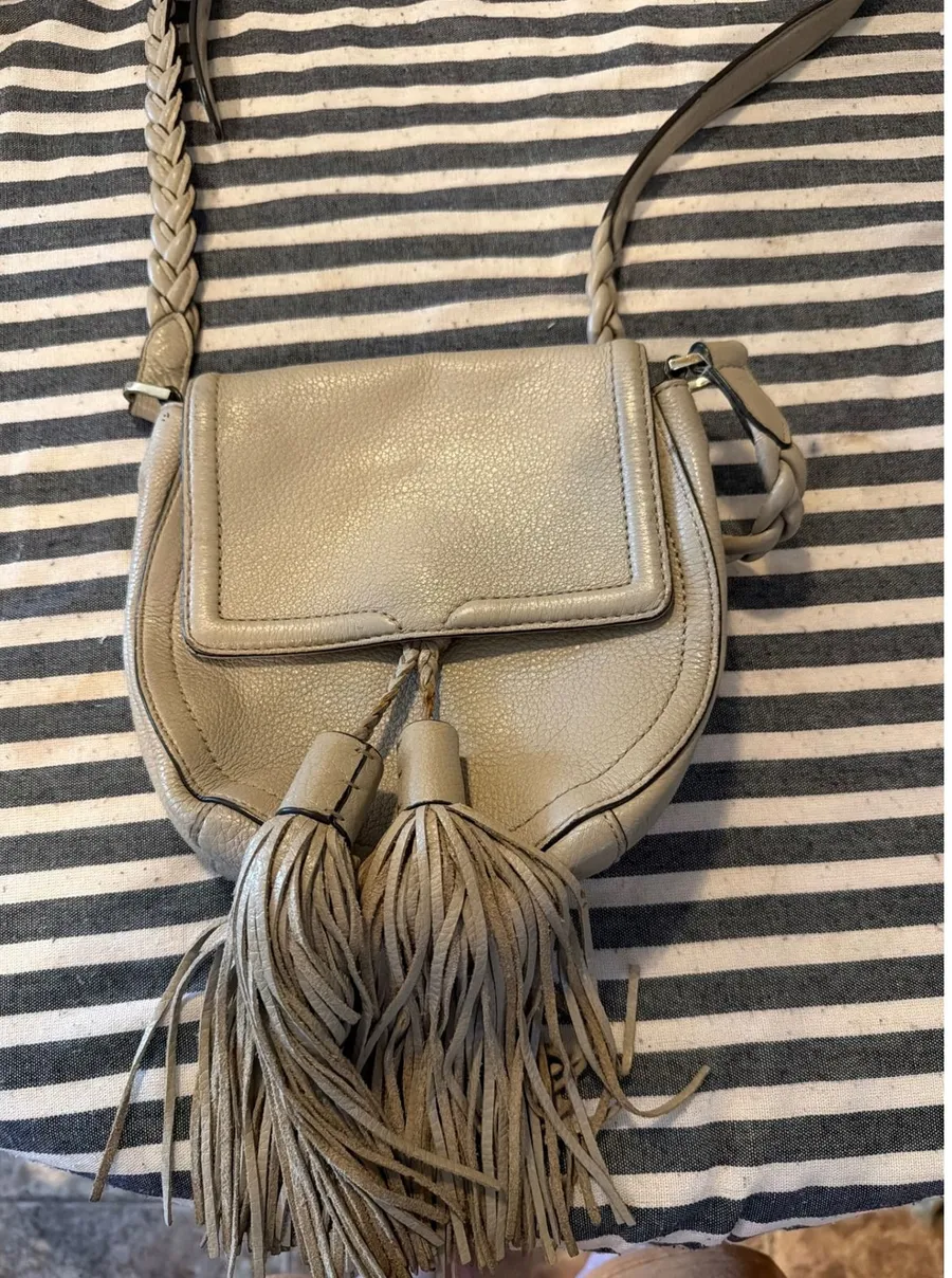 Rebecca Minkoff Grey Pebbled Leather Tassel Saddle Crossbody Bag Small Womens