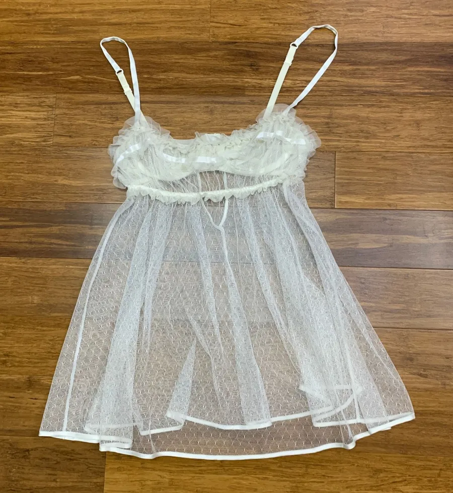 Y2K Victoria's Secret White Babydoll Lingerie Size 34B Ruffle Trim Sheer Mesh