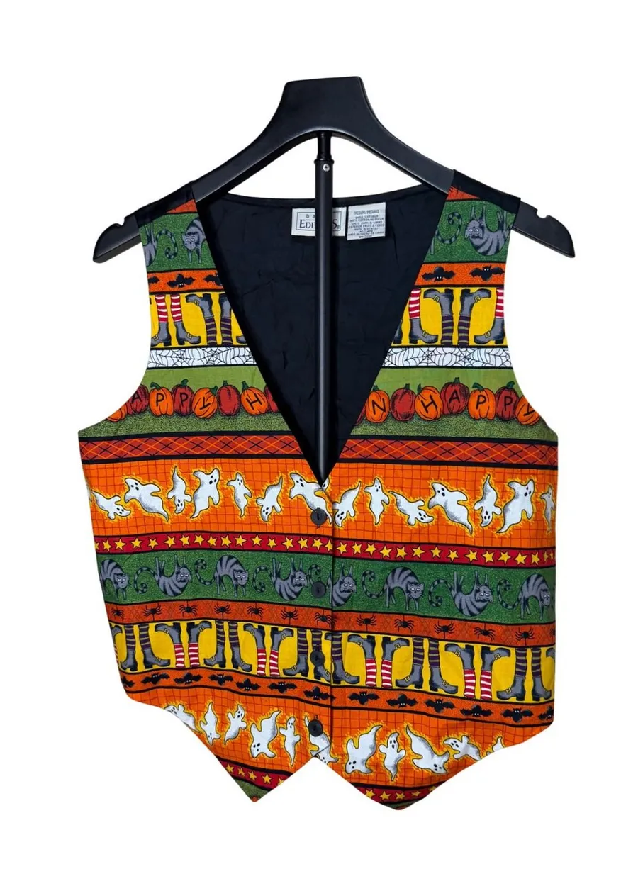 Basic Editions Vintage Halloween Vest Black Cats Ghosts Pumpkins Womens Medium Orange