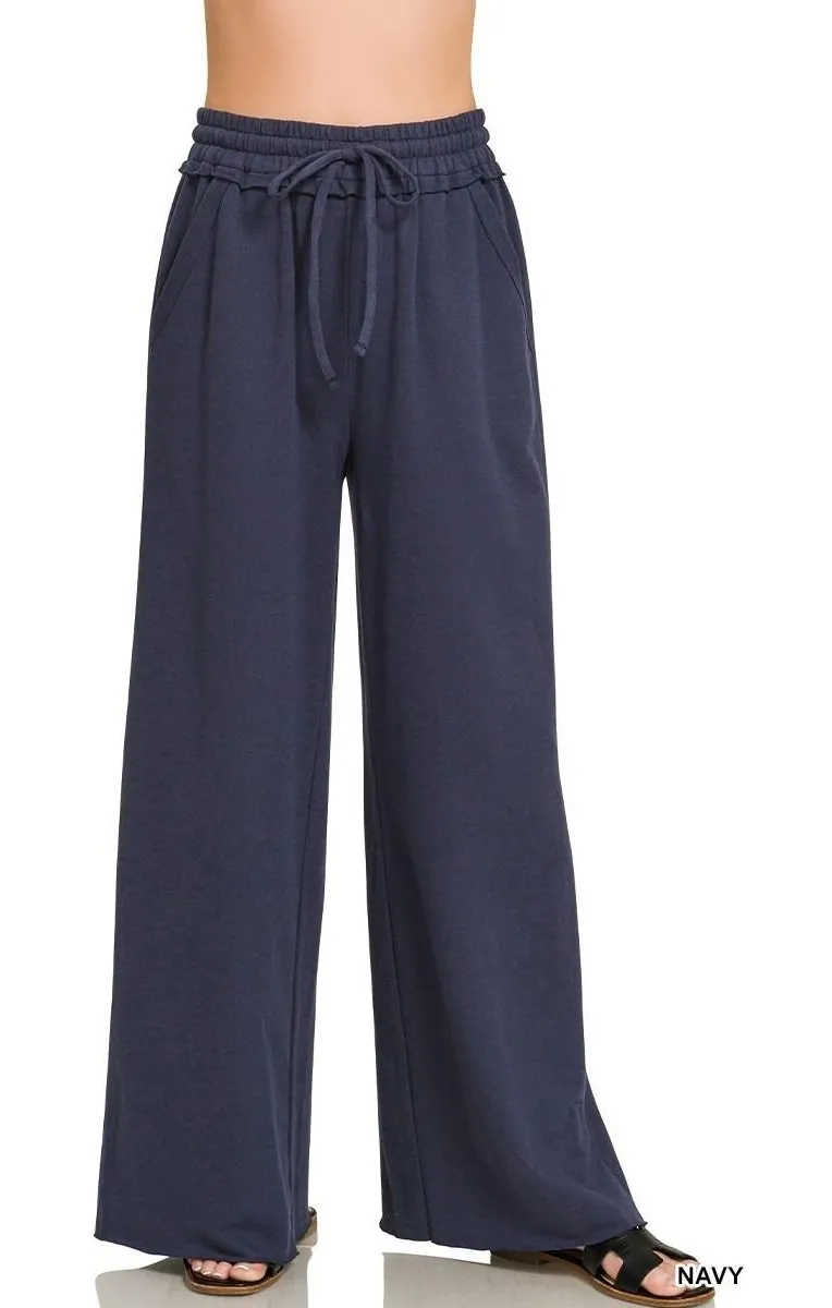 Zenana Drawstring French Terry Wide Leg Sweatpants - navy - large