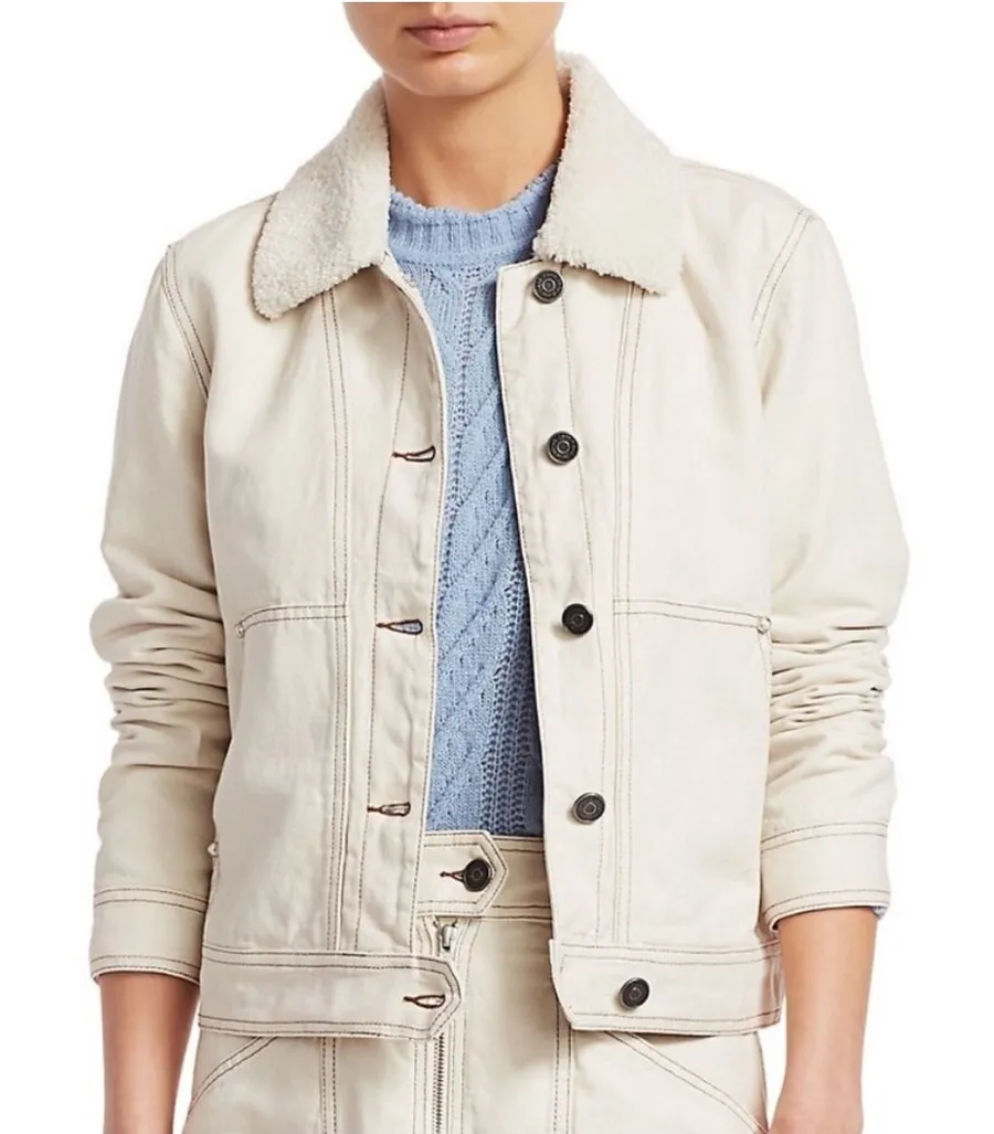 Joie Lev Faux Fur Collar Denim Jacket in Aged White Size Large Trucker