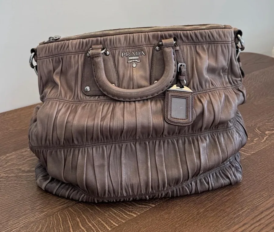 Prada Taupe Ruched Leather Shoulder Bag