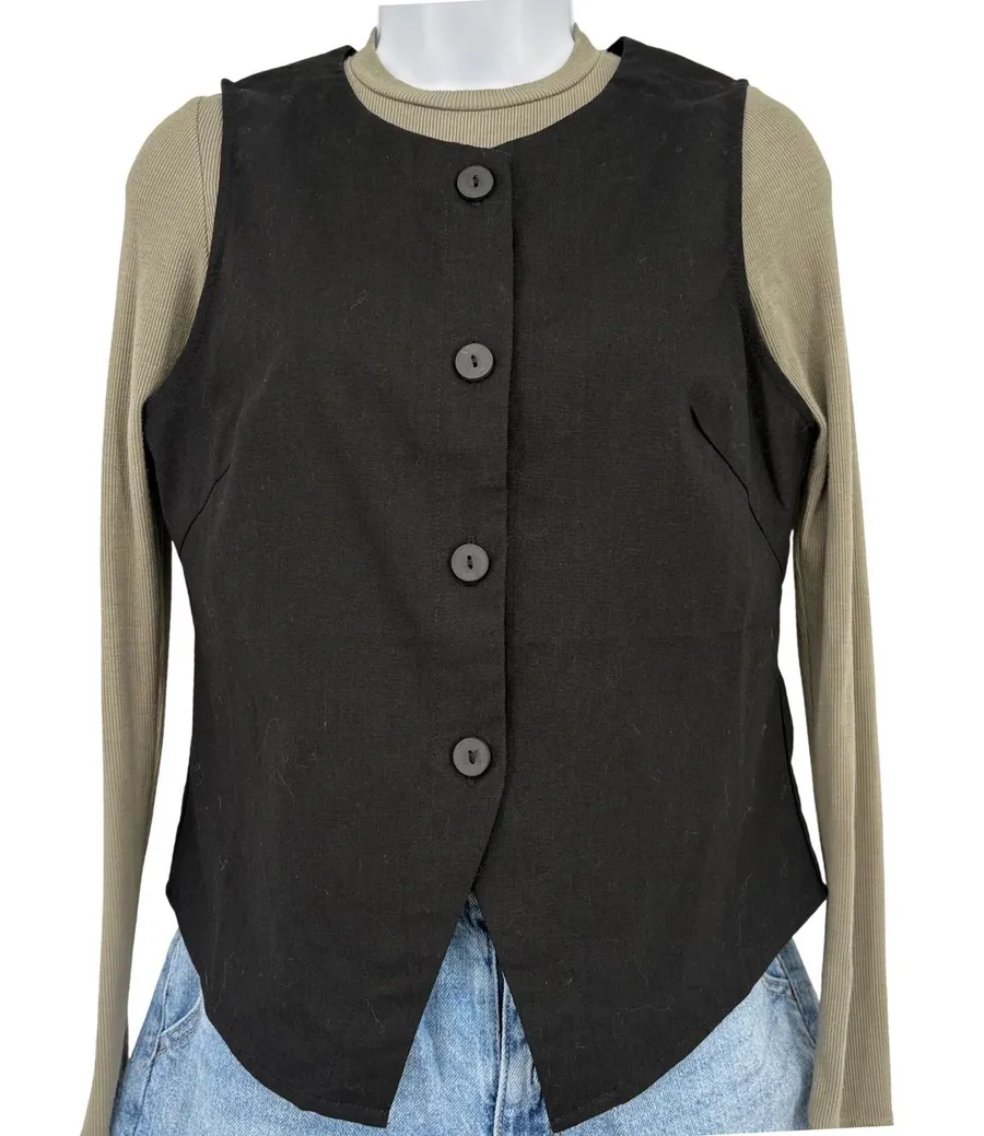 Commense Button Up Vest Women Med Black Linen Blend Capsule Minimalist Office