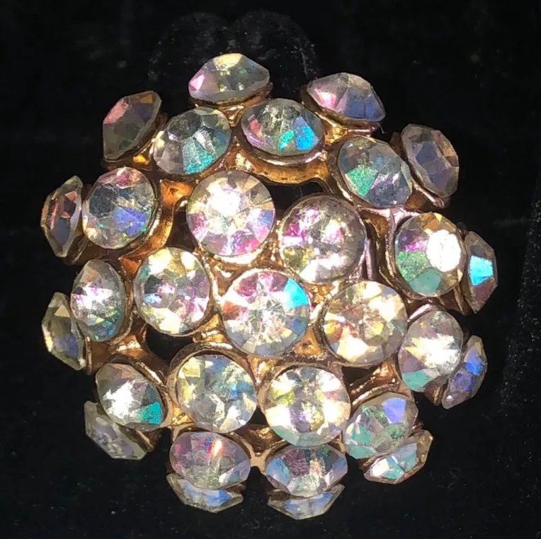 Elegant Gold Tone and Iridescent Rainbow Crystal Statement Ring