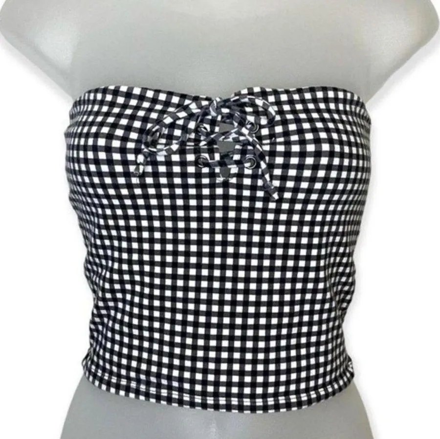 Me to We Gingham Lace Up Strapless Crop Top Black White Size S