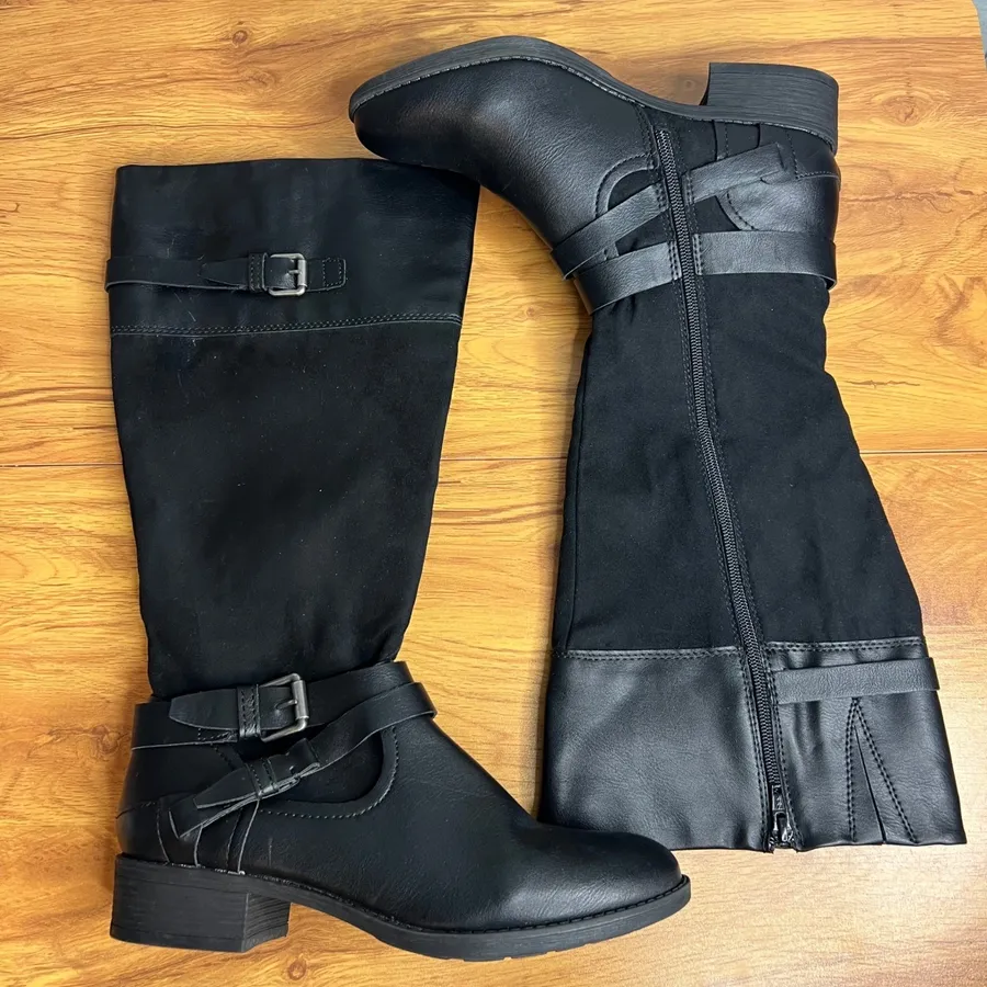 Style & Co Ashlie Wide Calf Riding Boots Size 8 Fuax Leather Black Tall NEW