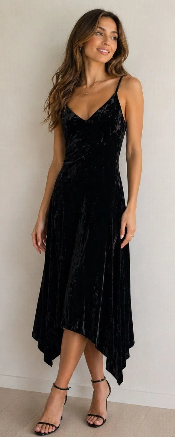 Leith Crushed Velvet Midi V Neck Flared Hem Black Cocktail Dress Extra Small