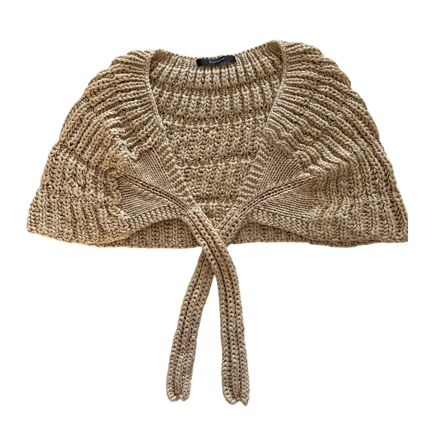 Granny Knit Tan Shoulder Cover Shrug with Tie Front