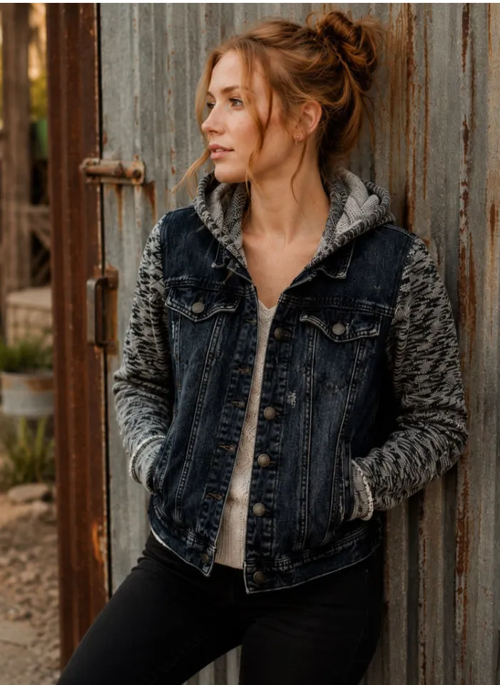 Free People Denim Knit Sleeve Hooded Jacket Distressed Dark Wash h