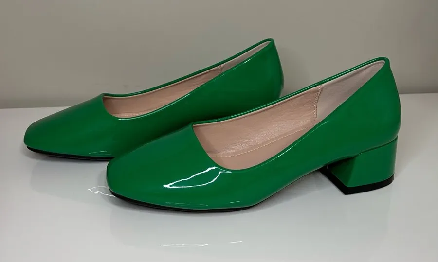 Green Patent Low Block Heel Pumps Size 6