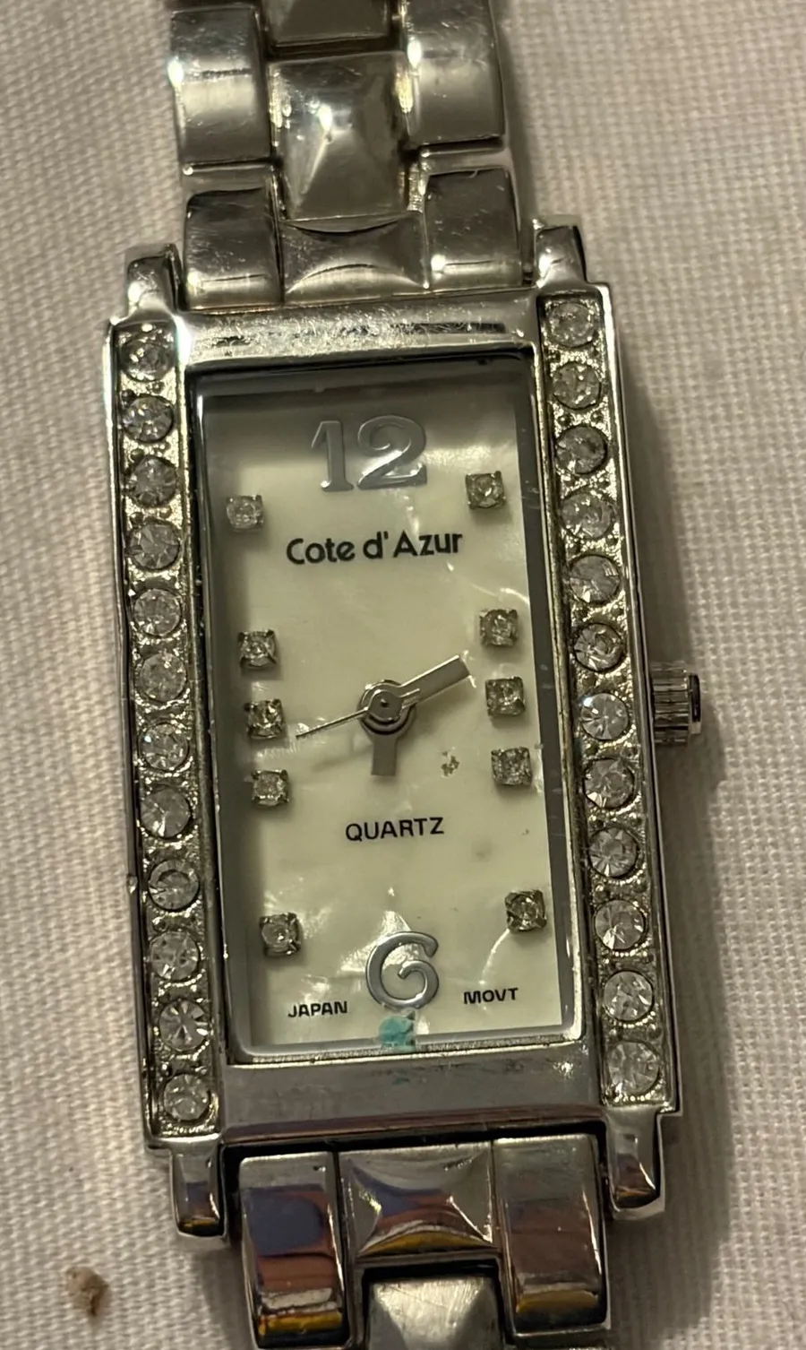 Cote d'Azur Silver Tone Rhinestone Bezel Quartz Japan Movt Women's Tank Watch
