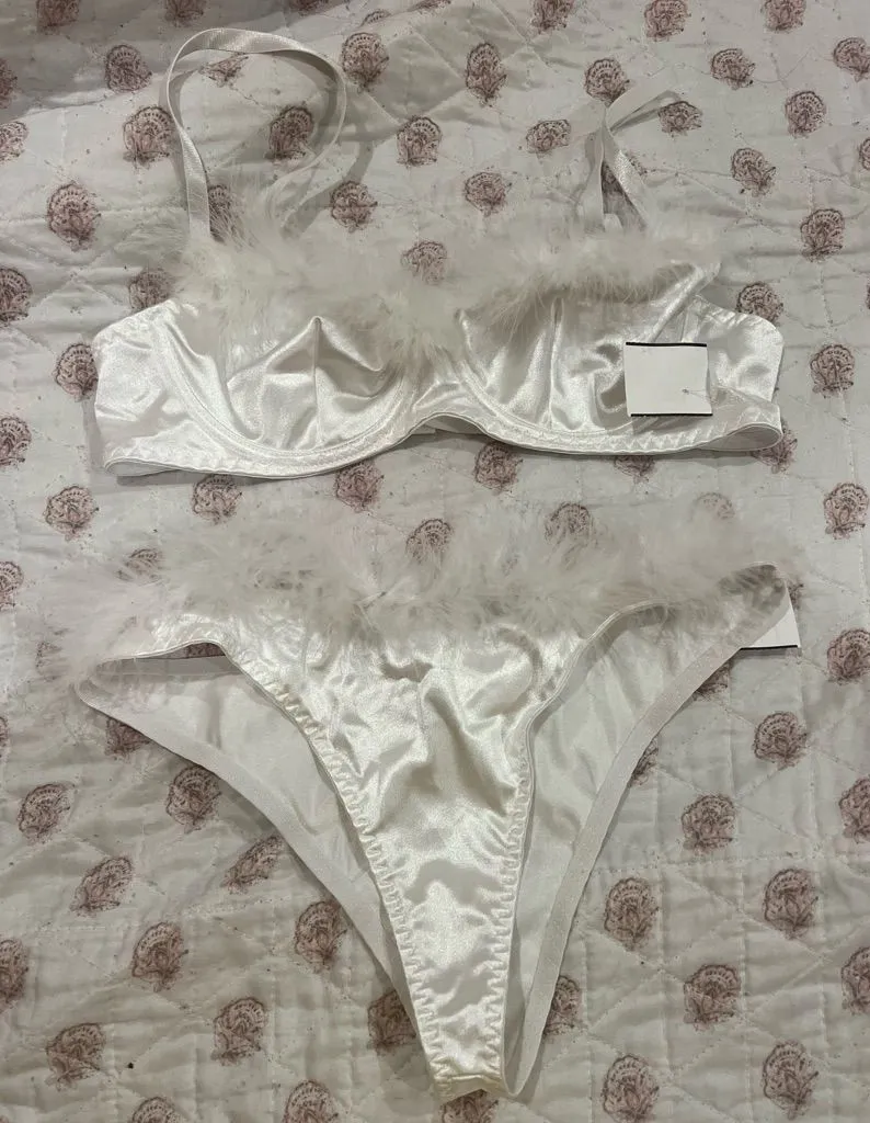 Satin Luxurious White Feather Trim Bra Set