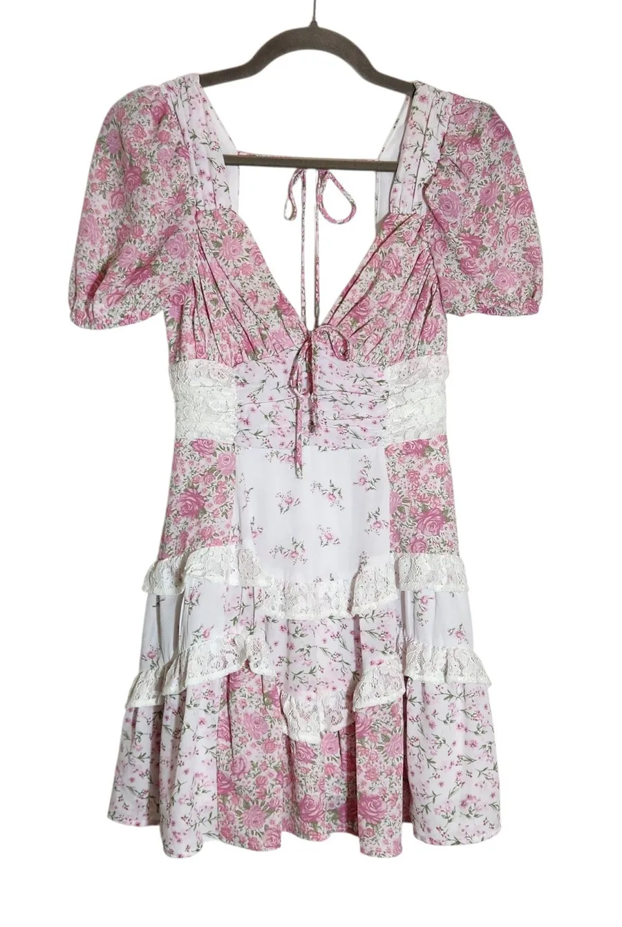 Altar'd State Pink and White Floral Boho Patchwork Mini Dress Size XS Flaw