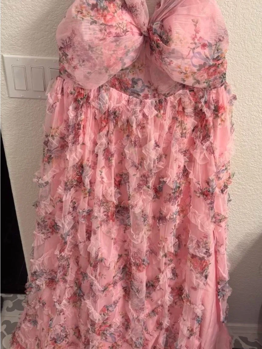 Feariesty Pink Floral Ruffle Strapless Formal Dress Size XXL