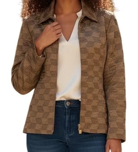 Joseph Ribkoff Trends Bronze Geometric Textured Zip Front Jacket Mens Size 8