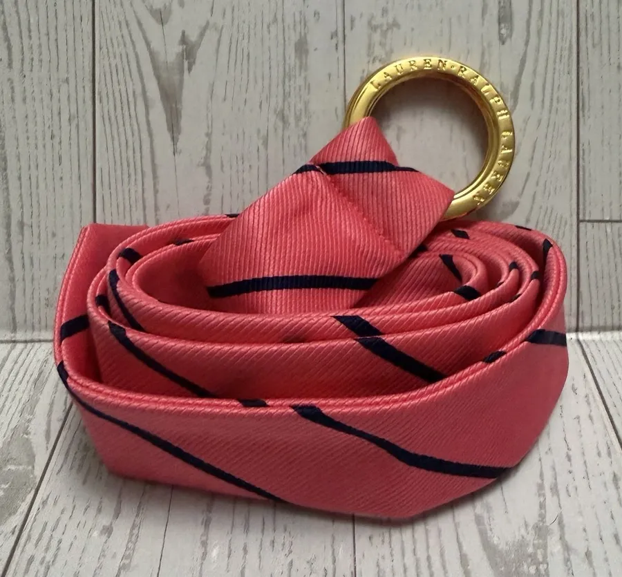 Ralph Lauren Ribbon Preppy Fabric Belt Gold Rings 46" X 1.5" Pink & Navy Striped