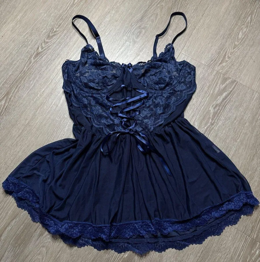 Elegant Navy Lace Lingerie Babydoll Chemise Blue