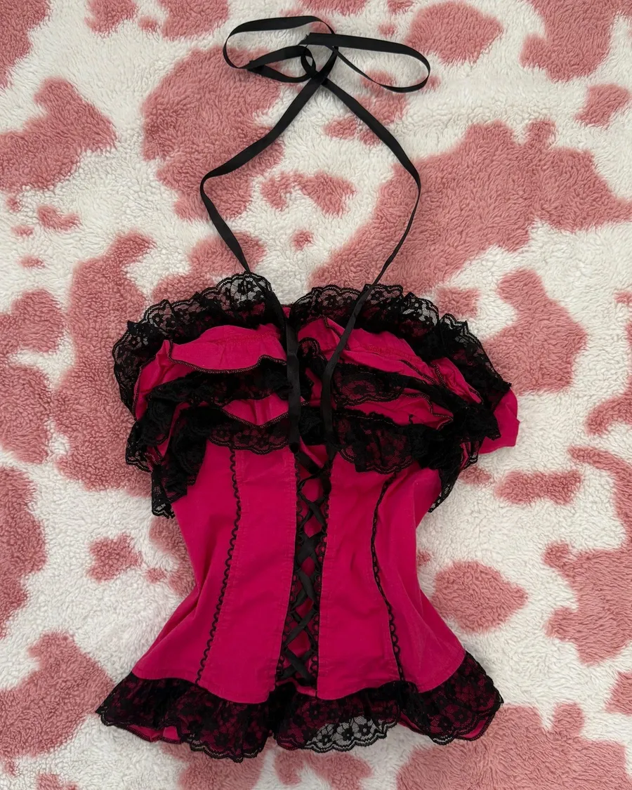 Strapless Hot Pink & Black Lace Ruffled Bustier Top — Padded Wireless Corset Camisole with Front Lace
