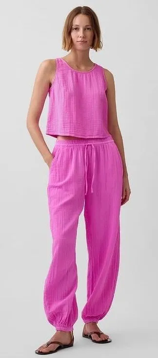 Gap Cotton Gauze Easy Joggers Women Small Neon Crinkle Pants Athleisure Lounge