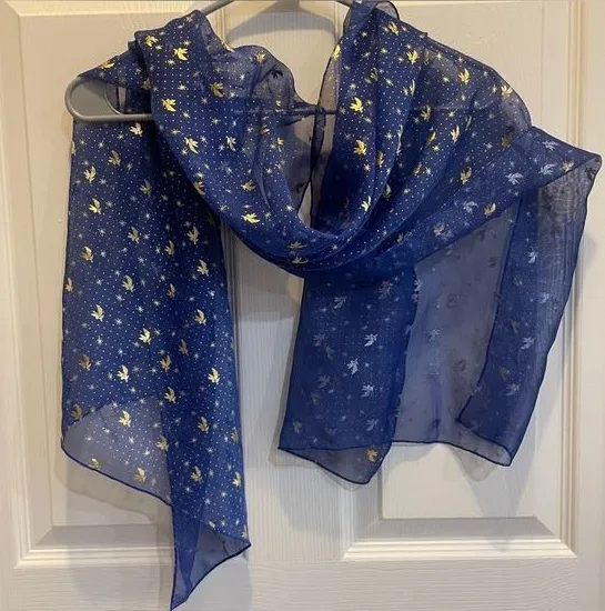 Sheer Blue Fashion Scarf with Gold Sparkle Accents