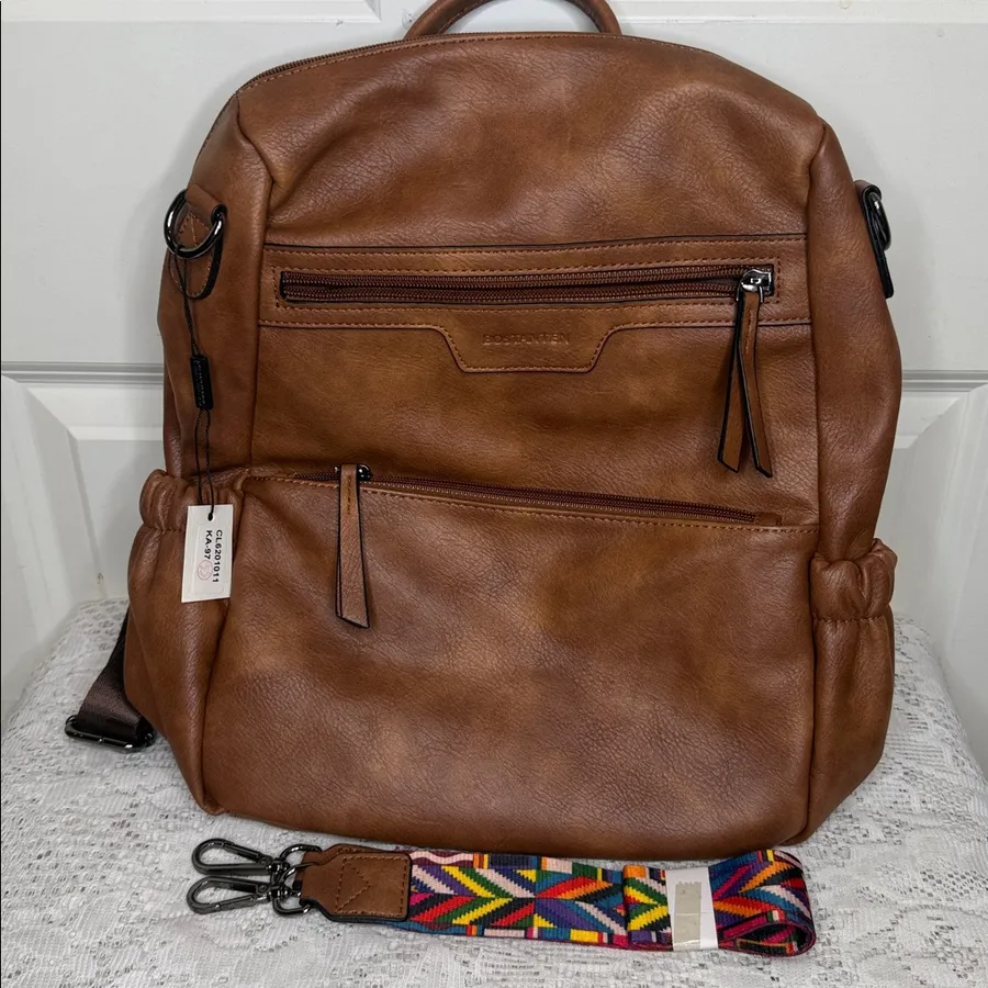 NWT Bostanten brown full size faux leather backpack w/ multi color strap attach