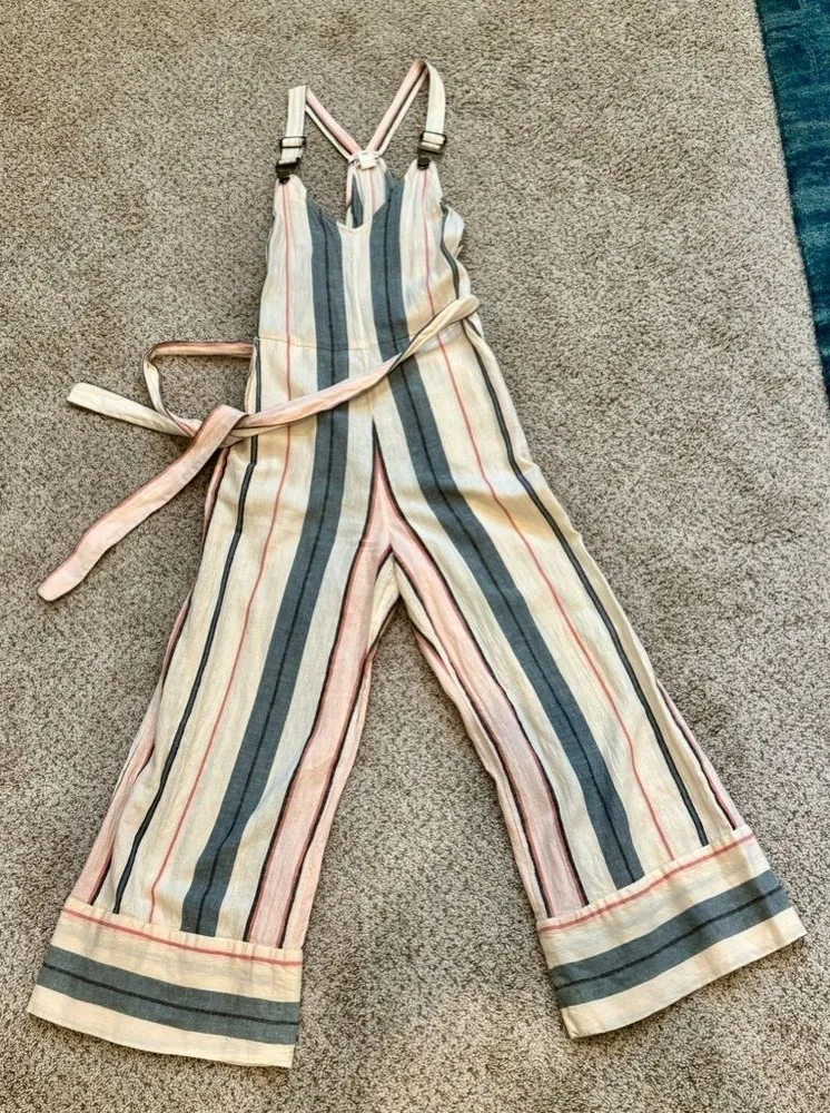 Billabong Linen Blend Striped Baggy Wide-Leg Jumpsuit Boho Coastal Casual Beach