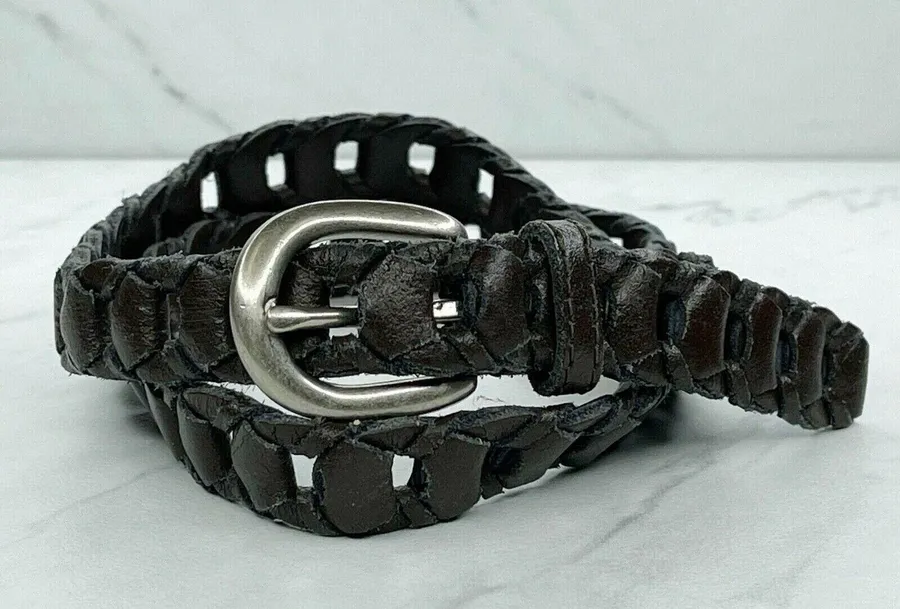 Vintage Brown Woven Leather Belt Silver Buckle Medium (M) ✨